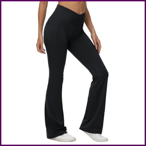 High Waist Flare Leggings with Pockets, V Crossover Yoga Pants for Workout - Picture 3 of 8